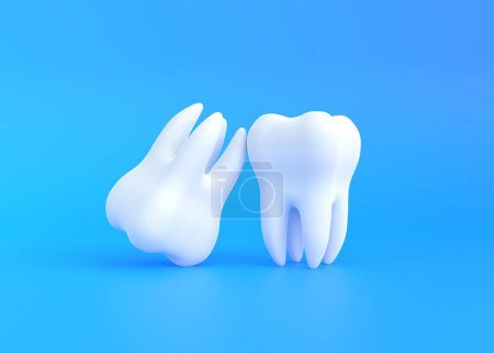 Foto de Dos dientes blancos sobre un fondo azul. Concepto de odontología, salud e higiene dental. ilustración de renderizado 3d - Imagen libre de derechos