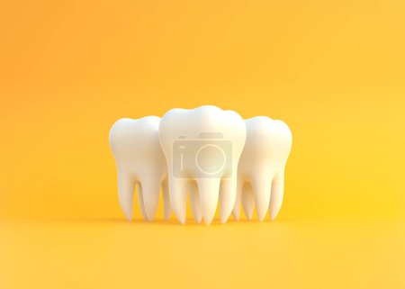Téléchargez les photos : Trois dents blanches sur fond jaune. Concept d'examen dentaire dents, santé dentaire et hygiène. Illustration de rendu 3D - en image libre de droit