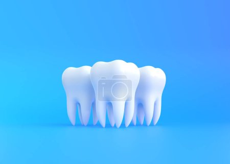 Téléchargez les photos : Trois dents blanches sur fond bleu. Concept d'examen dentaire dents, santé dentaire et hygiène. Illustration de rendu 3D - en image libre de droit