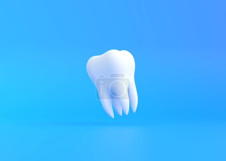 Téléchargez les photos : Dent blanche volant sur un fond bleu. Concept d'examen dentaire dents, santé dentaire et hygiène. Illustration de rendu 3D - en image libre de droit