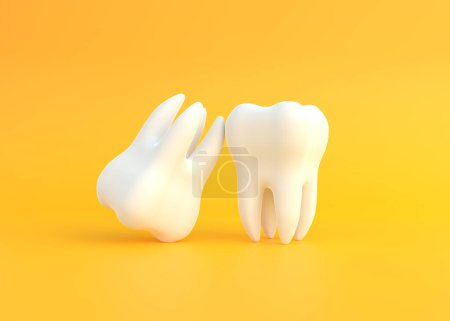 Téléchargez les photos : Deux dents blanches sur fond jaune. Concept d'examen dentaire dents, santé dentaire et hygiène. Illustration de rendu 3D - en image libre de droit
