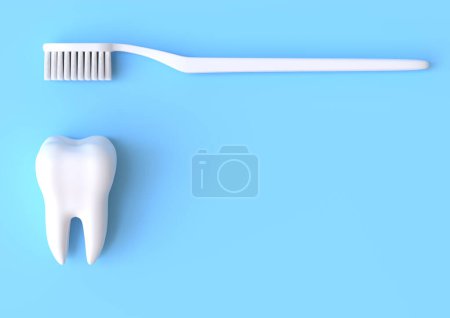 Foto de Cepillo de dientes y diente blanco sobre fondo amarillo. Concepto de odontología, salud e higiene dental. Ilustración de representación 3d - Imagen libre de derechos