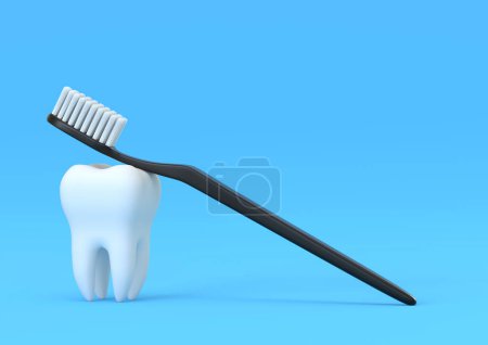 Foto de Cepillo de dientes y diente blanco sobre fondo azul. Concepto de odontología, salud e higiene dental. Ilustración de representación 3d - Imagen libre de derechos