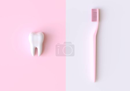 Téléchargez les photos : Brosse à dents et dent blanche sur fond rose. Concept d'examen dentaire dents, santé dentaire et hygiène. Illustration de rendu 3d - en image libre de droit