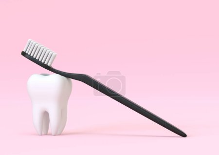 Foto de Cepillo de dientes y diente blanco sobre fondo rosa. Concepto de odontología, salud e higiene dental. Ilustración de representación 3d - Imagen libre de derechos