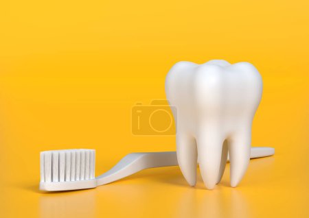 Photo for Toothbrush and white tooth on a yellow background. Concept of dental examination teeth, dental health and hygiene. 3d rendering illustration - Royalty Free Image