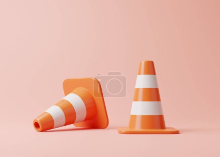 Téléchargez les photos : Deux cônes orange avec des rayures blanches sur fond rose. Cartoon style minimaliste. Illustration de rendu 3D - en image libre de droit