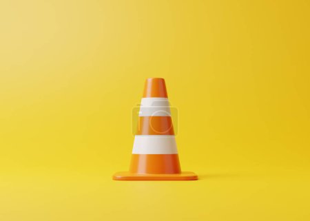 Téléchargez les photos : Cône de circulation orange avec des bandes blanches sur fond jaune. Cartoon style minimaliste. Illustration de rendu 3D - en image libre de droit
