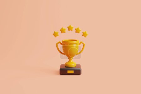 Photo for Golden trophy with a five-star rating on a pastel beige background. The concept of leadership, championship, victory. 3d render illustration - Royalty Free Image