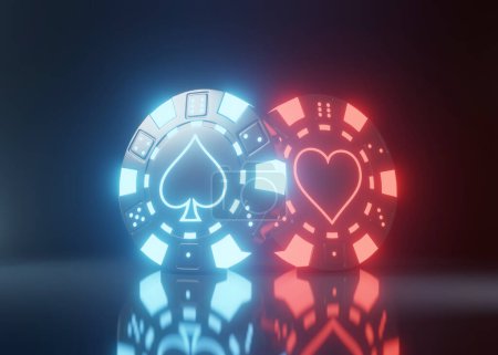 Foto de Casino Chips con luces futuristas brillantes de neón rojo y azul, corazones y espadas símbolo aislado en el fondo negro. ilustración de renderizado 3d - Imagen libre de derechos
