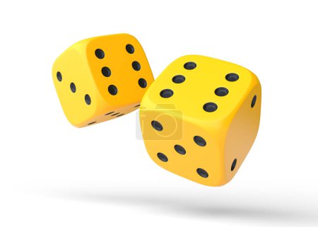 Foto de Dos dados amarillos en vuelo sobre fondo blanco. Dados afortunados. Juegos de mesa. Apuestas de dinero. Ilustración de representación 3d - Imagen libre de derechos