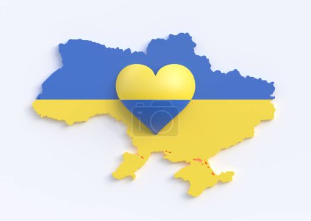 Foto de Ucrania mapa con el icono del corazón con los colores de la bandera de Ucrania aislado sobre fondo blanco con espacio para copiar. Bandera patriótica ucraniana abstracta con símbolo de amor. Representación 3D Ilustración 3D - Imagen libre de derechos