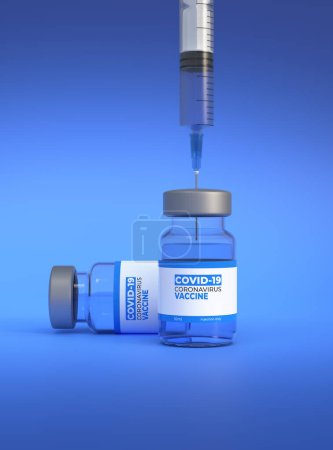 Photo for Medical needle entering into a glass vial of vaccine on blue background. Vaccine for Coronavirus COVID-19, global pandemic flu disease. Medical concept. 3d rendering illustration - Royalty Free Image