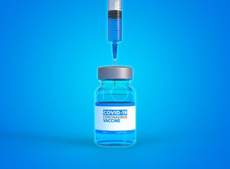 Téléchargez les photos : Aiguille médicale entrant dans un flacon de vaccin en verre sur fond bleu. Vaccin contre le coronavirus COVID-19, pandémie mondiale de grippe. Concept médical. Illustration de rendu 3d - en image libre de droit