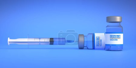 Foto de Aguja médica que entra en un vial de vidrio de vacuna sobre fondo azul. Vacuna contra el Coronavirus COVID-19, enfermedad pandémica global de la gripe. Concepto médico. Ilustración de representación 3d - Imagen libre de derechos