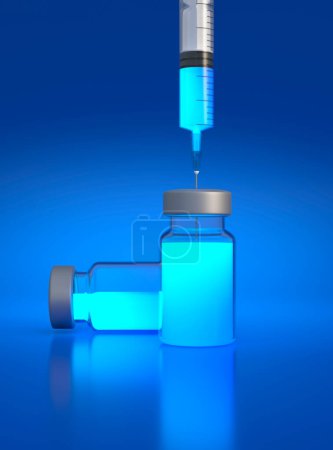 Téléchargez les photos : Aiguille médicale entrant dans un flacon de vaccin en verre sur fond bleu. Vaccin contre le coronavirus COVID-19, pandémie mondiale de grippe. Concept médical. Illustration de rendu 3d - en image libre de droit