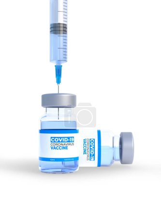 Téléchargez les photos : Aiguille médicale entrant dans un flacon en verre de vaccin isolé sur fond blanc. Vaccin contre le coronavirus COVID-19, pandémie mondiale de grippe. Concept médical. Illustration de rendu 3d - en image libre de droit