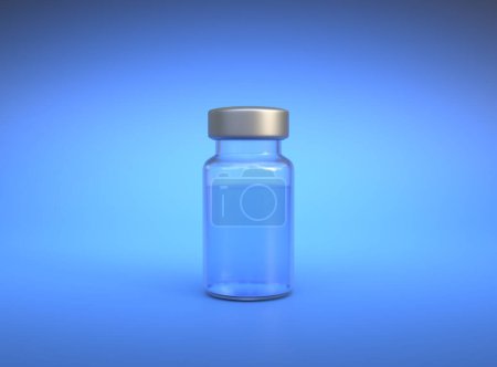 Téléchargez les photos : Flacon en verre transparent pour le vaccin contre le coronavirus Covid-19 et d'autres virus sur fond bleu. Immunisation et vaccination. Espace de copie. Concept médical. Illustration de rendu 3d - en image libre de droit