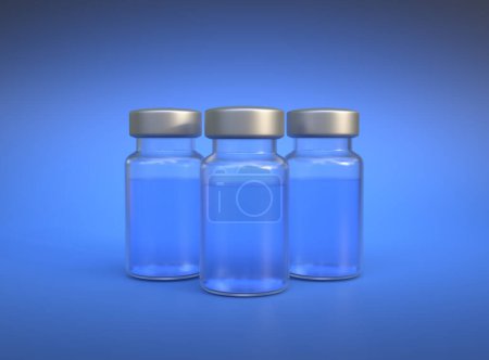 Photo for Transparent glass bottles for Covid-19 coronavirus vaccine and other viruses on a blue background. Immunization and vaccination. Copy space. Medical concept. 3d rendering illustration - Royalty Free Image