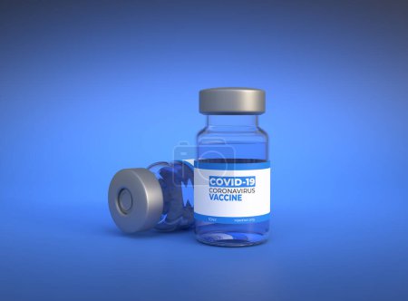 Téléchargez les photos : Flacons en verre transparent pour le vaccin contre le coronavirus Covid-19 et d'autres virus sur fond bleu. Immunisation et vaccination. Espace de copie. Concept médical. Illustration de rendu 3d - en image libre de droit