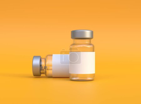 Téléchargez les photos : Flacons en verre transparent pour le vaccin contre le coronavirus Covid-19 et d'autres virus sur fond jaune. Immunisation et vaccination. Espace de copie. Concept médical. Illustration de rendu 3d - en image libre de droit