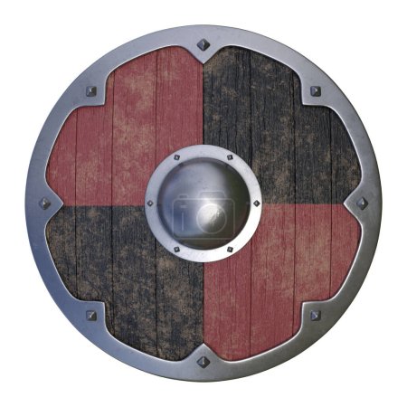 Foto de Escudo redondo medieval de madera, escudo vikingo pintado de negro y rojo, aislado sobre fondo blanco, 3d representación 3d ilustración - Imagen libre de derechos
