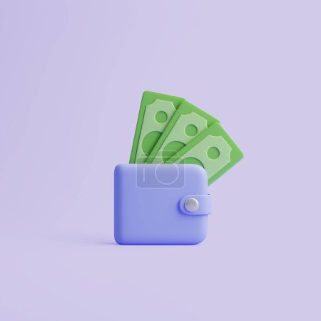 Photo for Simple blue wallet icon with green dollar banknotes on pastel violet background. 3d rendering illustration - Royalty Free Image