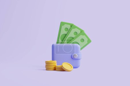 Photo for Simple blue wallet icon with green dollar banknotes and golden coins on pastel violet background. 3d rendering illustration - Royalty Free Image