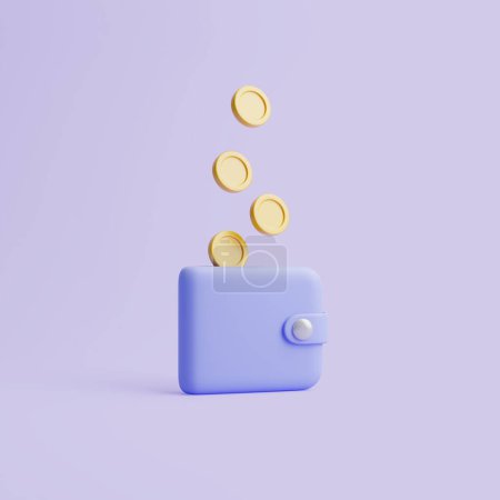 Téléchargez les photos : Icône portefeuille bleu avec des pièces d'or flotte sur fond pastel. Illustration de rendu 3d - en image libre de droit