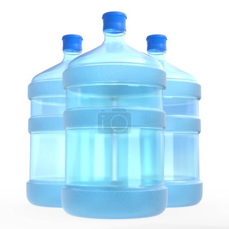 Foto de Tres botellas de agua de plástico azul de 19 litros o 5 galones o recipientes aislados sobre fondo blanco. Ilustración de representación 3D - Imagen libre de derechos