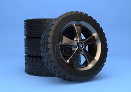 Photo for Car wheels isolated on bright blue background in pastel colors. Alloy wheels tire auto. Minimalist creative concept. 3d render illustration - Royalty Free Image