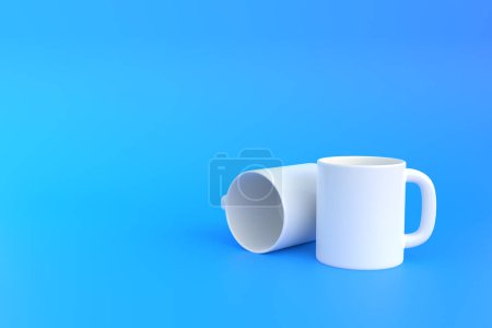 Foto de Dos taza de cerámica blanca o taza vacía para café, bebida o té sobre fondo azul. Concepto mínimo. Representación 3D Ilustración 3D - Imagen libre de derechos