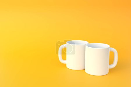 Foto de Dos taza de cerámica blanca o taza vacía para café, bebida o té sobre fondo amarillo. Concepto mínimo. Representación 3D Ilustración 3D - Imagen libre de derechos