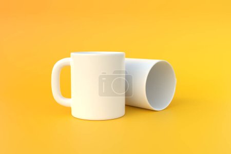 Foto de Dos taza de cerámica blanca o taza vacía para café, bebida o té sobre fondo amarillo. Concepto mínimo. Representación 3D Ilustración 3D - Imagen libre de derechos