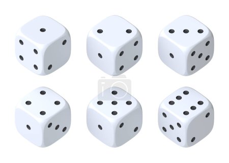 Photo for Set of six white dice with white dots hanging in half turn showing different numbers. Lucky dice. Rolling dice. Board games. Money bets. 3D rendering illustration - Royalty Free Image