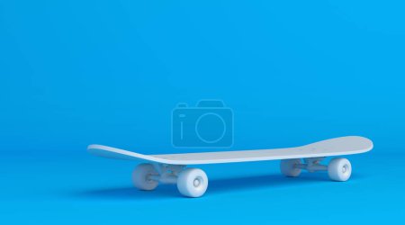 Téléchargez les photos : Skateboard blanc sur fond bleu vif aux couleurs pastel. Concept de minimalisme. Illustration de rendu 3D - en image libre de droit