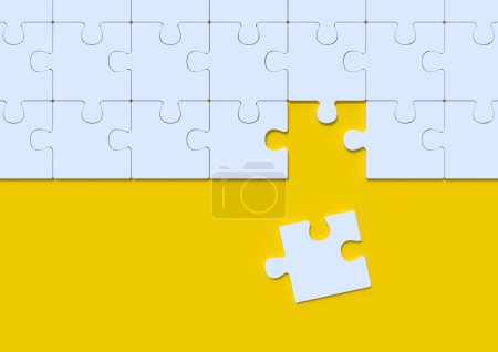Téléchargez les photos : Puzzle blanc sur fond jaune avec espace de copie. Pièces de puzzle vierges connectées. Stratégie d'entreprise Travail d'équipe et concept de résolution de problèmes. Concept créatif minimal. Illustration de rendu 3d - en image libre de droit