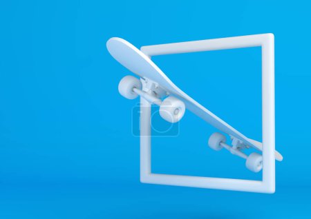 Téléchargez les photos : Skateboard blanc dans un cadre sur fond bleu vif dans des couleurs pastel. Concept de minimalisme. Illustration de rendu 3D - en image libre de droit