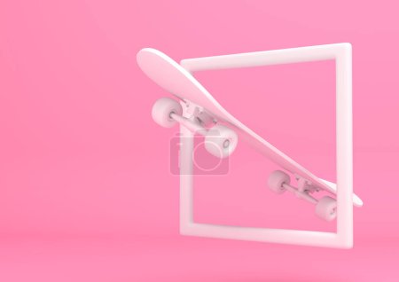 Téléchargez les photos : Skateboard blanc dans un cadre sur fond rose vif dans des couleurs pastel. Concept de minimalisme. Illustration de rendu 3D - en image libre de droit