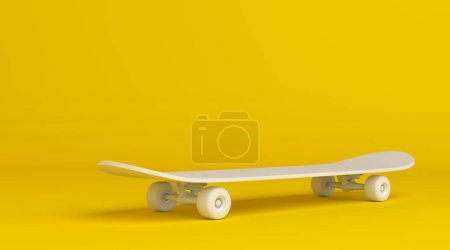 Téléchargez les photos : Skateboard blanc sur fond jaune vif aux couleurs pastel. Concept de minimalisme. Illustration de rendu 3D - en image libre de droit