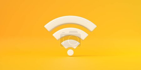 Foto de Símbolo de red inalámbrica blanca sobre fondo amarillo. Concepto de diseño de iconos Wi-Fi. Signo Wifi. Iilustración de renderizado 3d - Imagen libre de derechos
