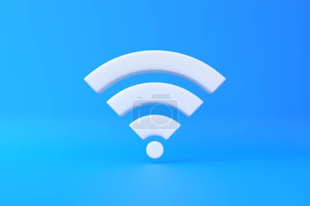 Photo for White wireless network symbol on blue background. Wi-Fi icon design concept. Wifi sign. 3d render iilustration - Royalty Free Image