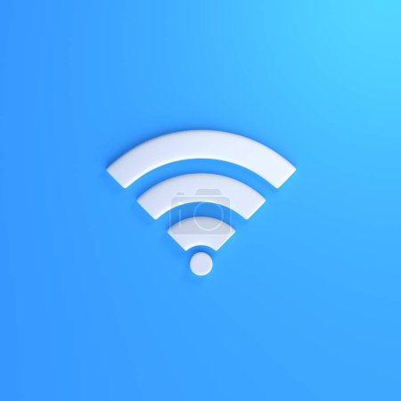Photo for White wireless network symbol on blue background. Wi-Fi icon design concept. Wifi sign. Top view. 3d render iilustration - Royalty Free Image