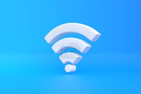 Téléchargez les photos : Symbole de réseau sans fil blanc sur fond bleu. Concept de design d'icône Wi-Fi. Panneau Wifi. 3d rendu iilustration - en image libre de droit