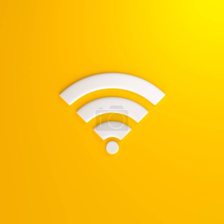 Téléchargez les photos : Symbole de réseau sans fil blanc sur fond jaune. Concept de design d'icône Wi-Fi. Panneau Wifi. Vue de dessus. 3d rendu iilustration - en image libre de droit