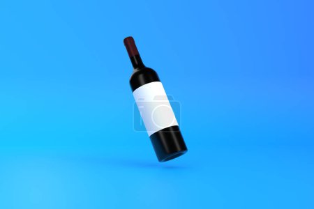 Foto de Botella de vino con etiqueta blanca flotando sobre un fondo azul. Concepto mínimo. Ilustración de representación 3D - Imagen libre de derechos
