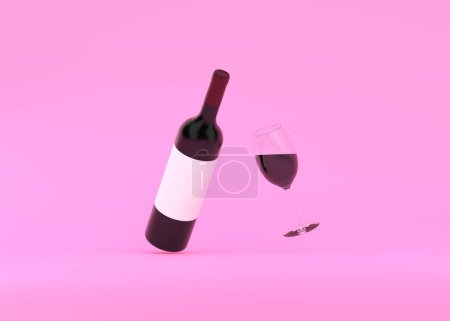 Téléchargez les photos : Bouteille de vin avec verre à vin flottant sur un fond rose. Concept minimal. Illustration de rendu 3D - en image libre de droit