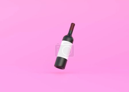Téléchargez les photos : Bouteille de vin avec étiquette blanche flottant sur un fond rose. Concept minimal. Illustration de rendu 3D - en image libre de droit