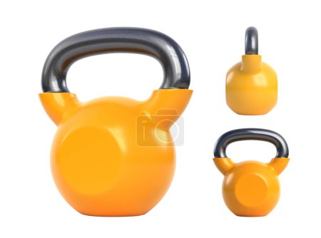 Photo for Set yellow iron kettlebell isolated on white background. Gym and fitness equipment. Workout tools. Sport training and lifting concept. 3D rendering illustration - Royalty Free Image