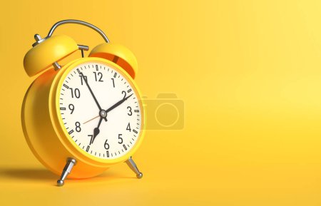 Photo for Yellow vintage alarm clock on bright yellow background in pastel colors. Minimal creative concept. 3d rendering illustration - Royalty Free Image